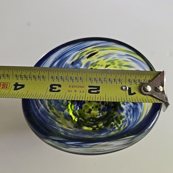 Hand Blown Art Glass Bowl Footed Blue Green Swirl Small 3" - Picture 8 of 9